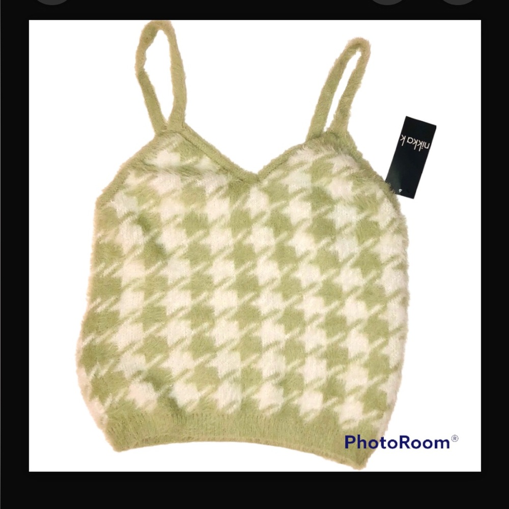 NWT Nikka K Y2K Fuzzy Houndstooth Spaghetti Cropped Tank Top Size L Sage Gr/Wht